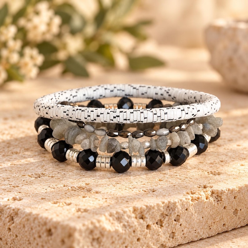 Salt and Pepper Stretch Bracelet Stack - - LadybugfeetDesigns -