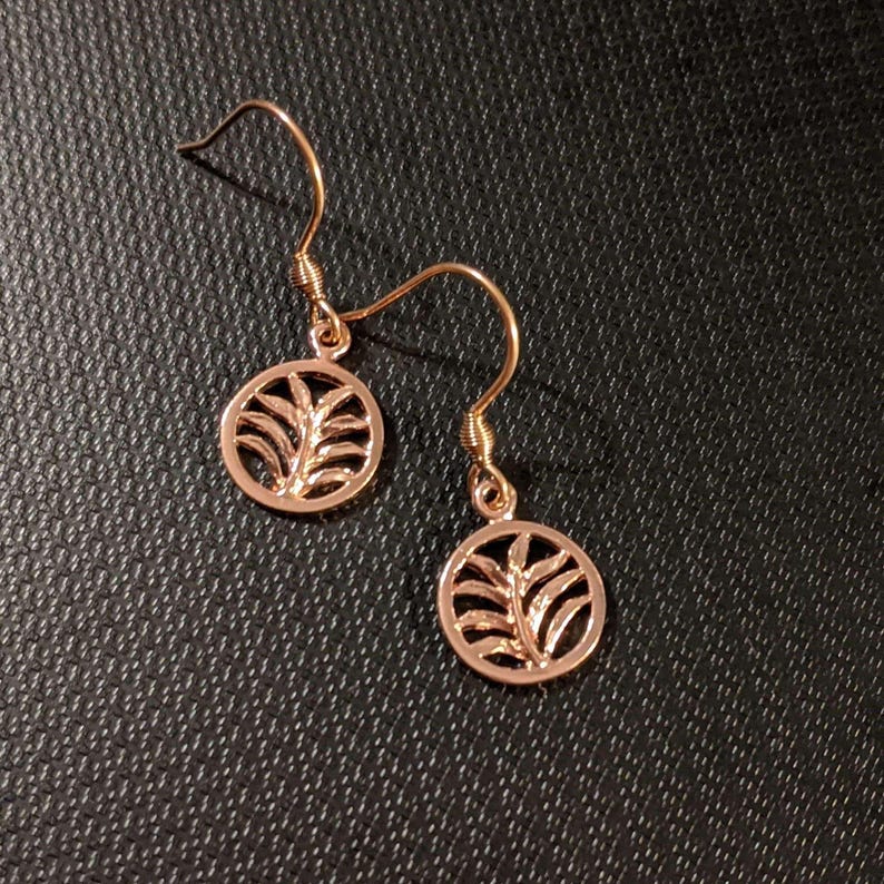 Palm Leaf Rose Gold dangle earrings - - LadybugfeetDesigns -