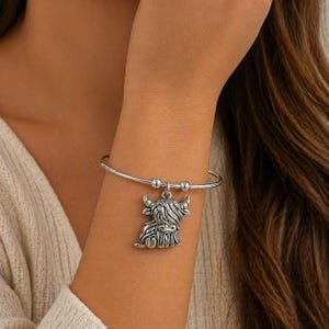 Scottish Highland Cow Euro Bangle Cuff, Silver - - LadybugfeetDesigns -