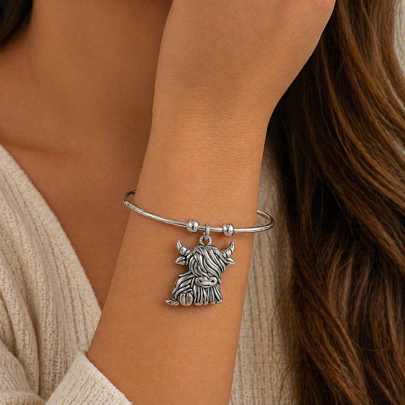 Scottish Highland Cow Euro Bangle Cuff, Silver - - LadybugfeetDesigns -