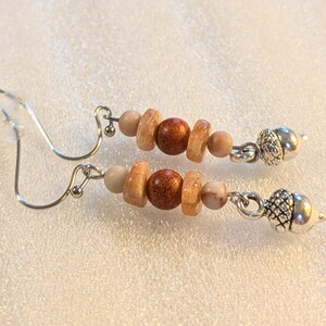 Acorn Beaded Sunstone Hook Earrings, Silver - - LadybugfeetDesigns -