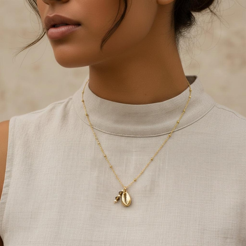 Cowrie Shell Crystal charm necklace and Earring set, Gold - - LadybugfeetDesigns -