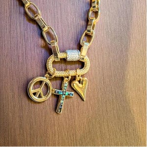 Peace & Love Carabiner Necklace, Gold - Adjusts up to 20 inches - - LadybugfeetDesigns -