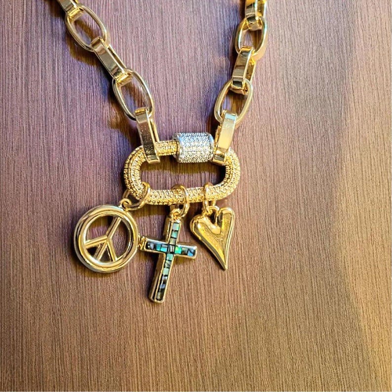 Peace & Love Carabiner Necklace, Gold - Adjusts up to 20 inches - - LadybugfeetDesigns -
