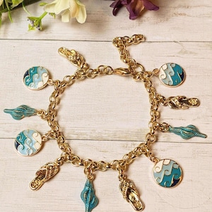 Enamel Seashell, Wave, Flip flop Charm Bracelet - - LadybugfeetDesigns -