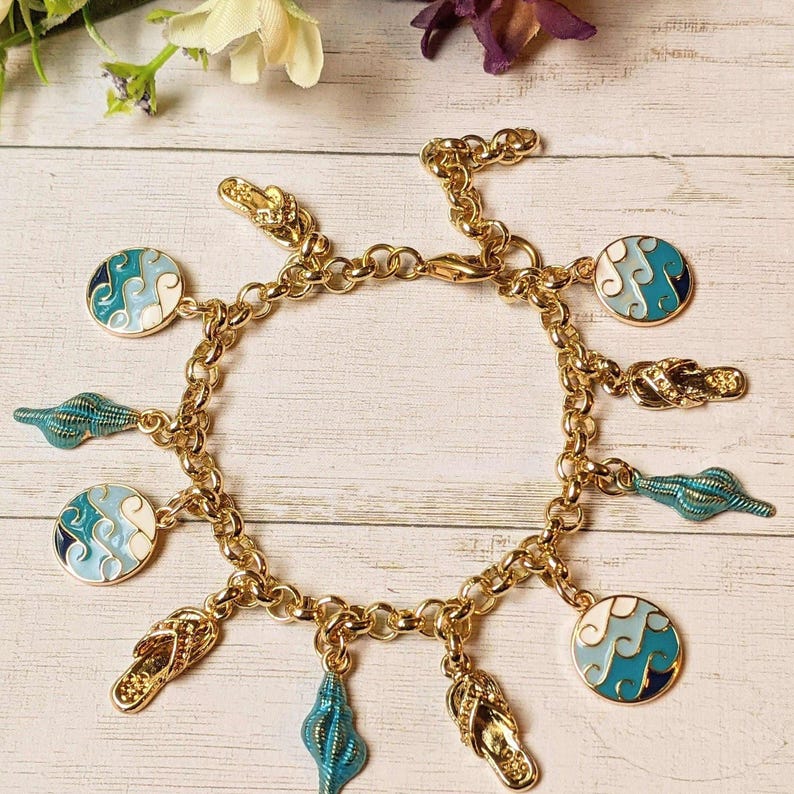 Enamel Seashell, Wave, Flip flop Charm Bracelet - - LadybugfeetDesigns -