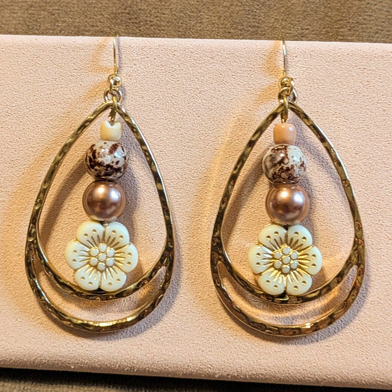 Boho Hammered Teardrop Flower Bead Earrings, Gold - - LadybugfeetDesigns -