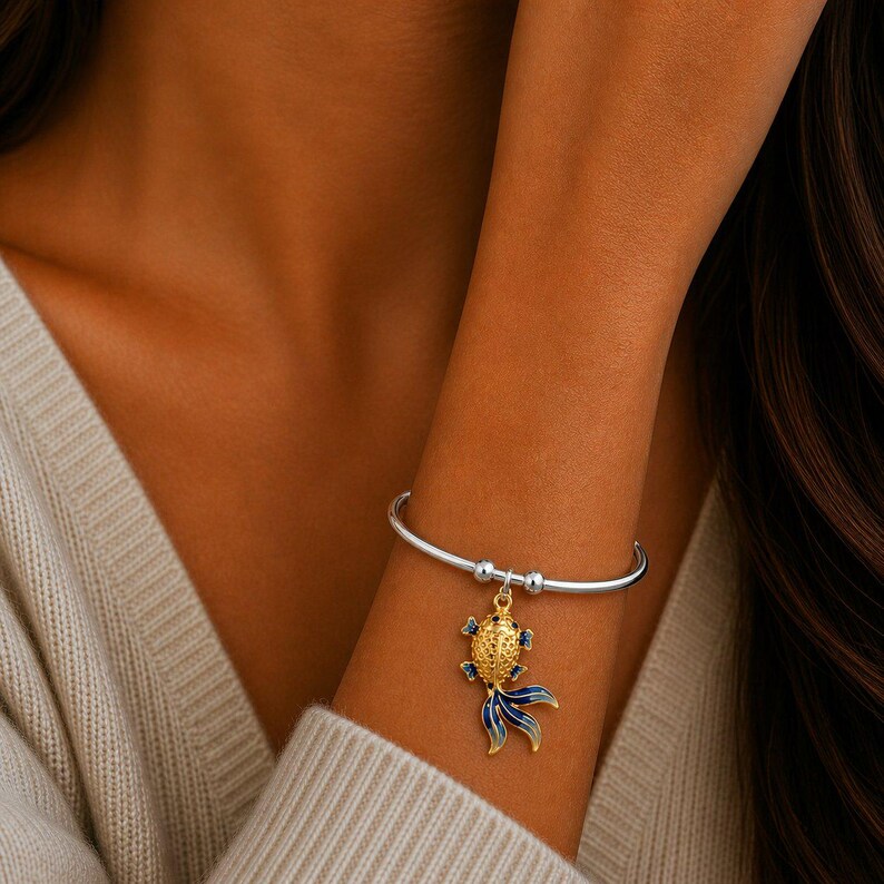 Two Tone Koi Euro Bangle Cuff, Silver - - LadybugfeetDesigns -