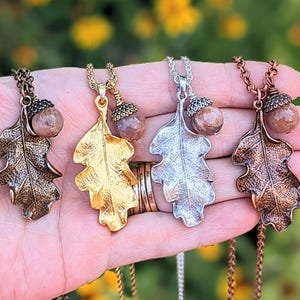 Moonstone Acorn Oak Leaf Necklace, Gold - - LadybugfeetDesigns -