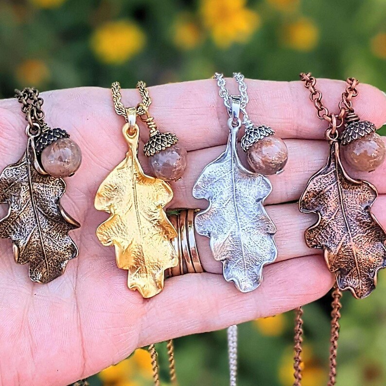 Moonstone Acorn Oak Leaf Necklace, Gold - - LadybugfeetDesigns -