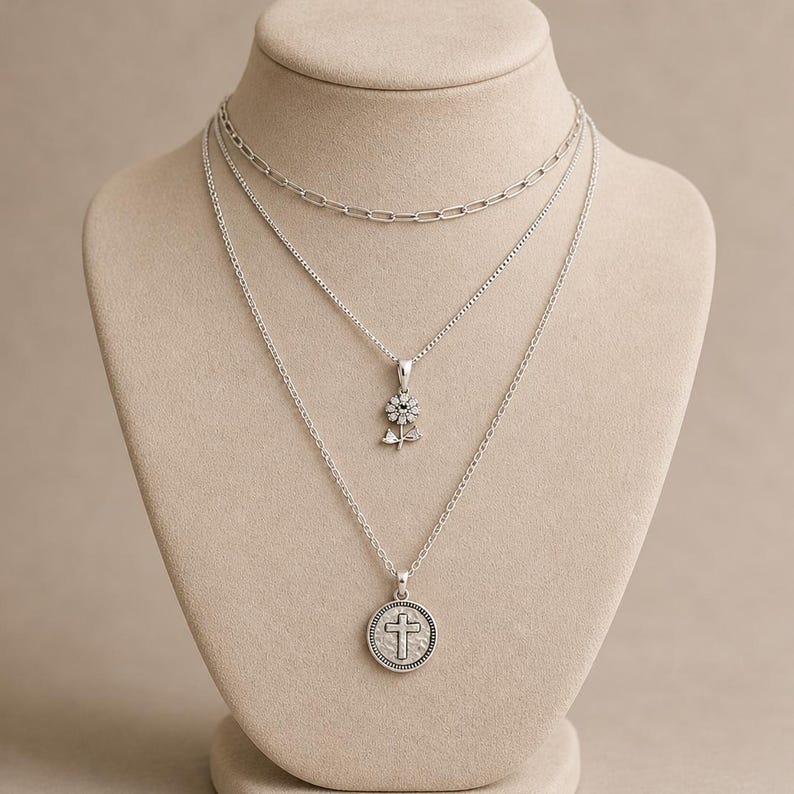 CZ Flower Cross Layered Necklace Set, Silver - - LadybugfeetDesigns -