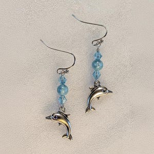 Dolphin Larimar Beaded Hook Earrings, Silver - - LadybugfeetDesigns -