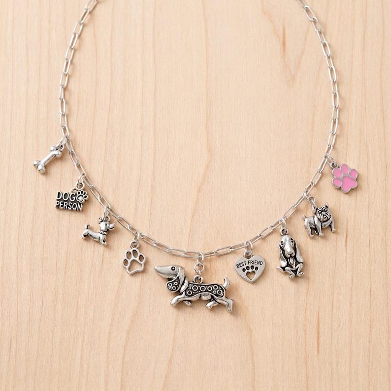 Dog Person Multi Charm Link Necklace, Silver - 20 inch - - LadybugfeetDesigns -