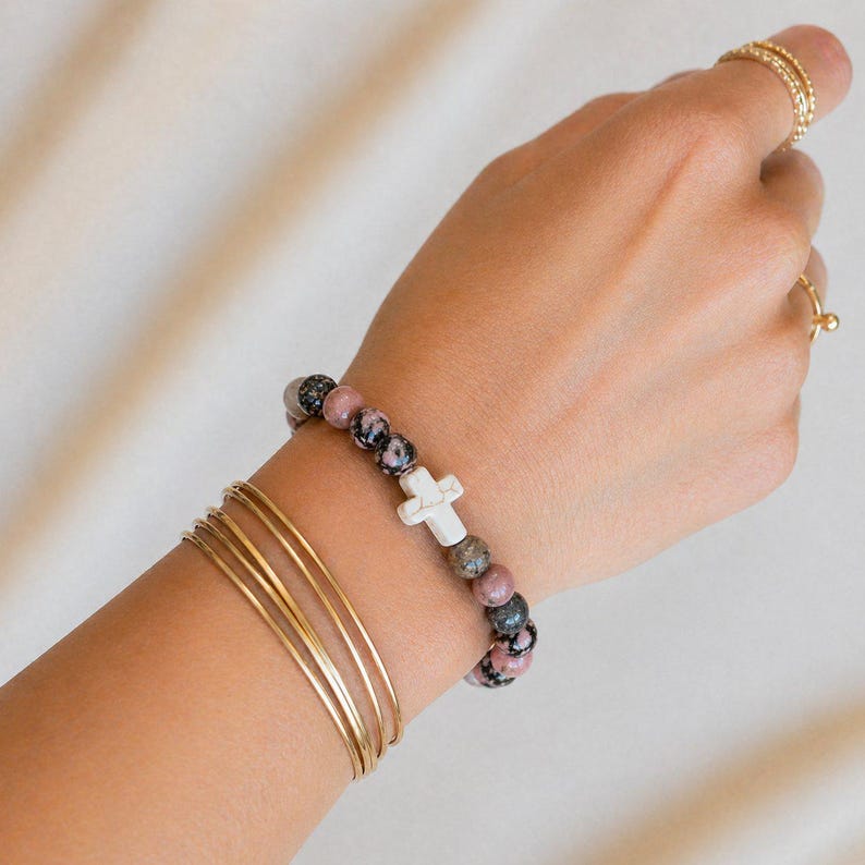 Rhodonite Pink Zebra Beaded Cross Stretch bracelet - - LadybugfeetDesigns -