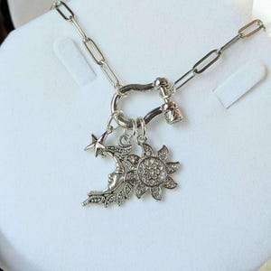 Celestial Moon Face, CZ Sun and Star Shackle Clasp Carabiner Necklace, Silver - 20 inch - - LadybugfeetDesigns -