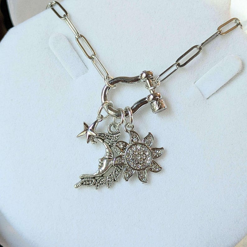 Celestial Moon Face, CZ Sun and Star Shackle Clasp Carabiner Necklace, Silver - 20 inch - - LadybugfeetDesigns -