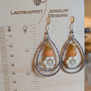 Gold Bead Hammered Teardrop Flower Bead Earrings, Silver - - LadybugfeetDesigns -