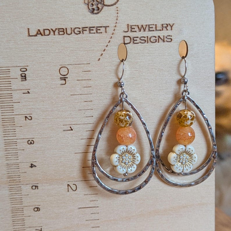 Gold Bead Hammered Teardrop Flower Bead Earrings, Silver - - LadybugfeetDesigns -