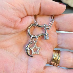 Celestial Moon CZ Star Shackle Clasp Carabiner Necklace, Silver - 20 inch - - LadybugfeetDesigns -