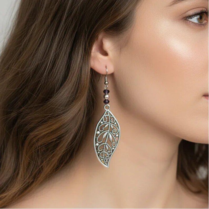 Fancy Leaf Purple Crystal Earrings - - LadybugfeetDesigns -