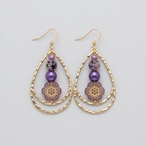 Boho Hammered Teardrop Purple Flower Bead Earrings, Gold - - LadybugfeetDesigns -