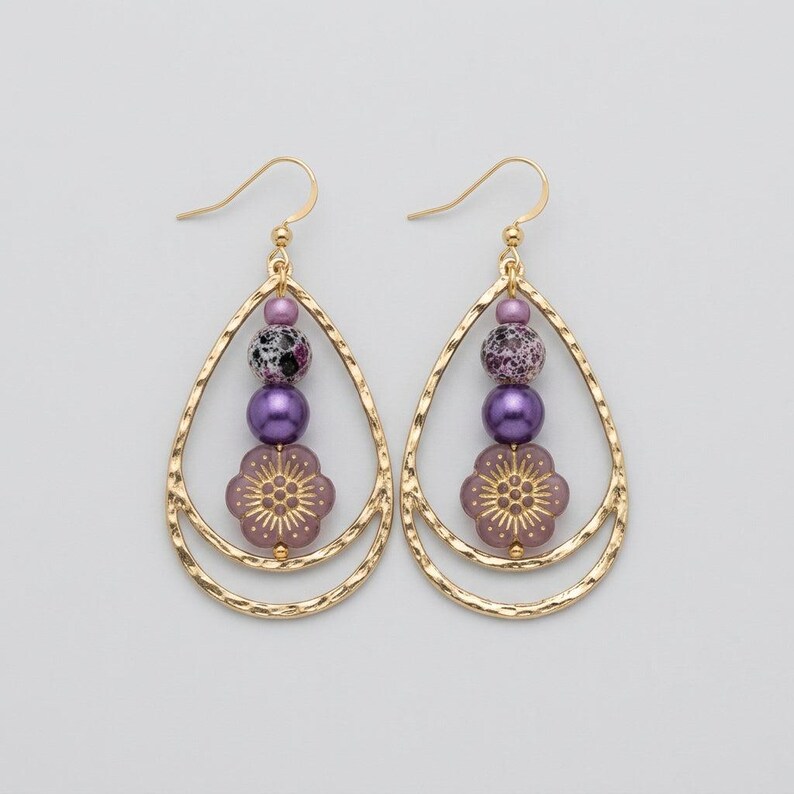 Boho Hammered Teardrop Purple Flower Bead Earrings, Gold - - LadybugfeetDesigns -