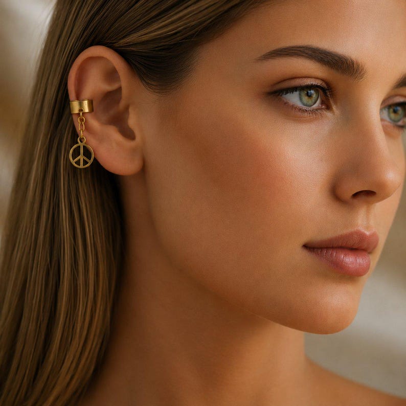 Peace Sign Ear Cuff, Antique Bronze - - LadybugfeetDesigns -