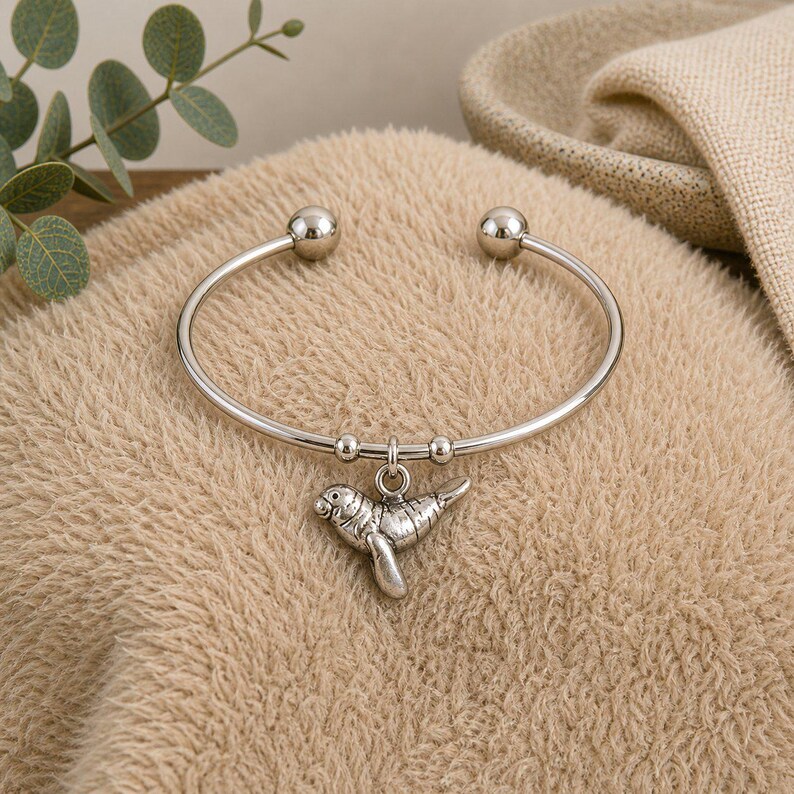 Manatee Euro Bangle Cuff, Silver - - LadybugfeetDesigns -