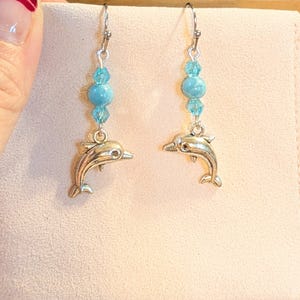 Dolphin Larimar Beaded Hook Earrings, Silver - - LadybugfeetDesigns -