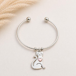 Cute Cat Euro Bangle Cuff, Silver - - LadybugfeetDesigns -