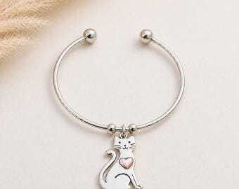 Cute Cat Euro Bangle Cuff, Silver