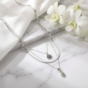 Sunflower Initial Leaf Layered Necklace Set, Silver - - LadybugfeetDesigns -