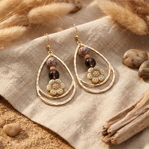 Boho Hammered Teardrop White Flower/Purple Bead Earrings, Gold - - LadybugfeetDesigns -