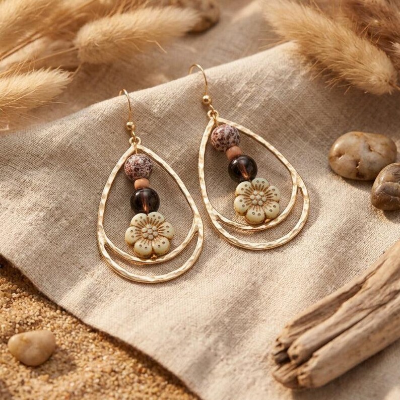 Boho Hammered Teardrop White Flower/Purple Bead Earrings, Gold - - LadybugfeetDesigns -