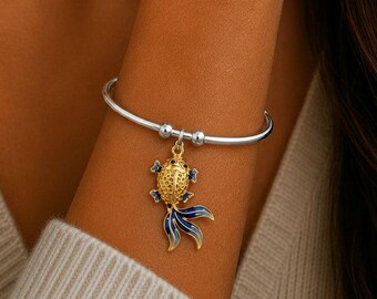 Two Tone Koi Euro Bangle Cuff, Silver