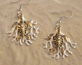 Pendientes colgantes de tortuga marina y coral, bicolor