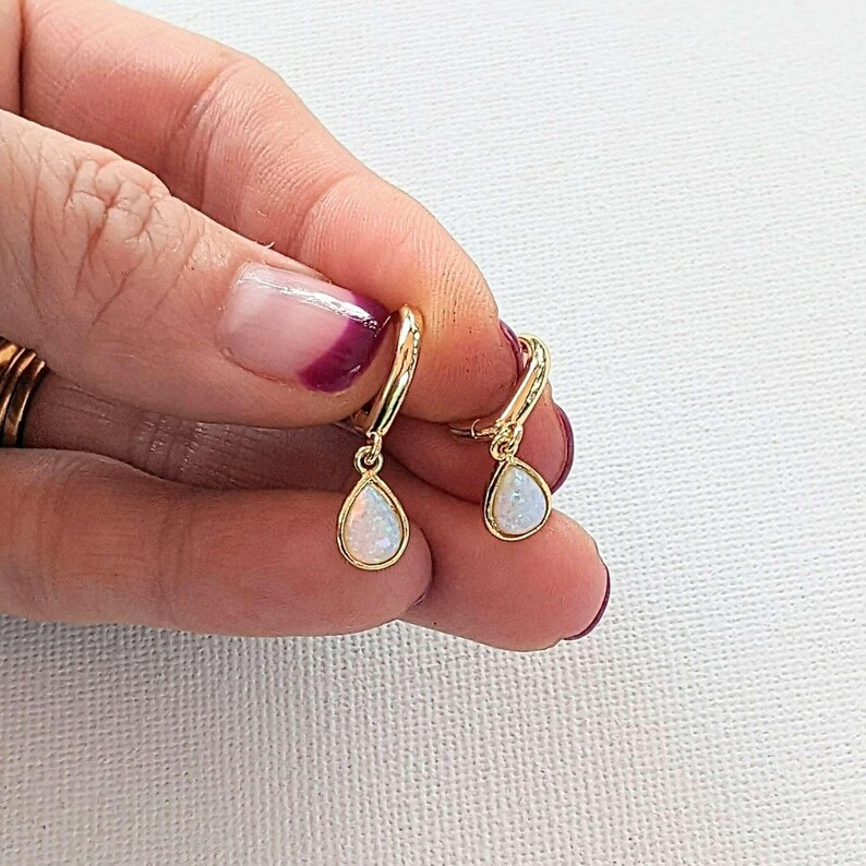 Opal Huggie Hoop earrings, 15mm Hoop Drop, Silver/Gold - - LadybugfeetDesigns -