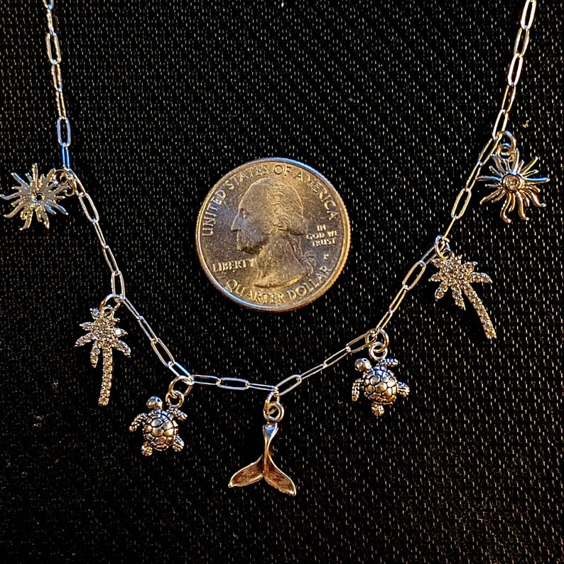 Tropic Vacation Multi Charm Link Necklace, .925 Sterling Silver - 20 inch - - LadybugfeetDesigns -