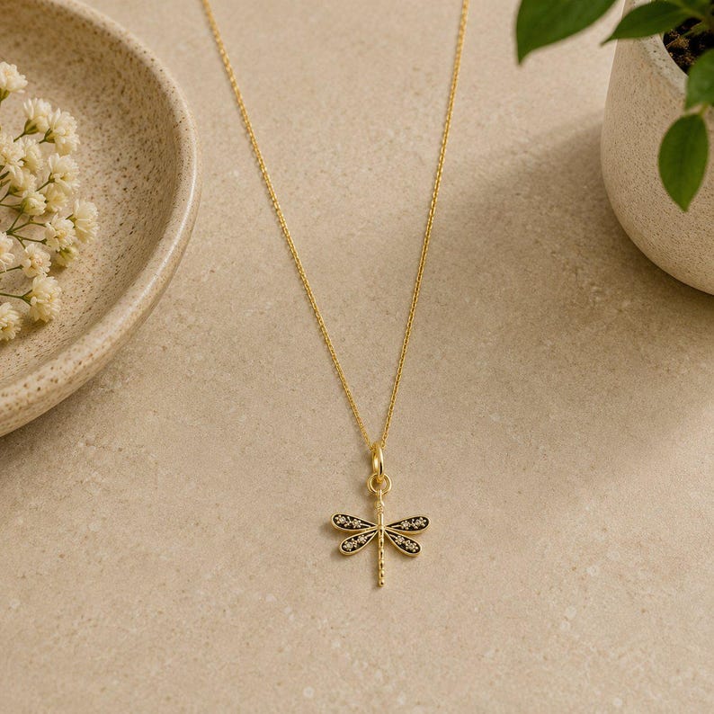 Dragonfly Necklace, Gold - 20 inches - - LadybugfeetDesigns -