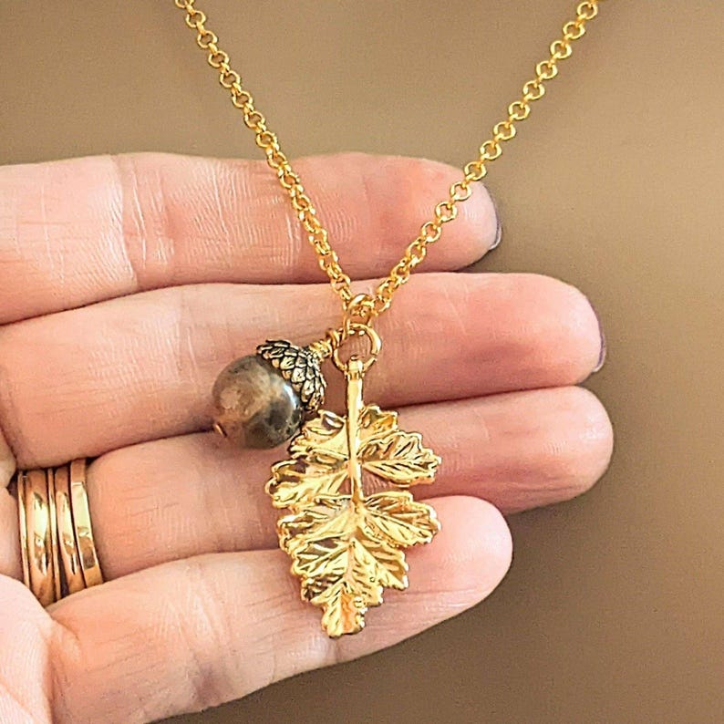 Acorn Oak Leaf Necklace, Gold - - LadybugfeetDesigns -