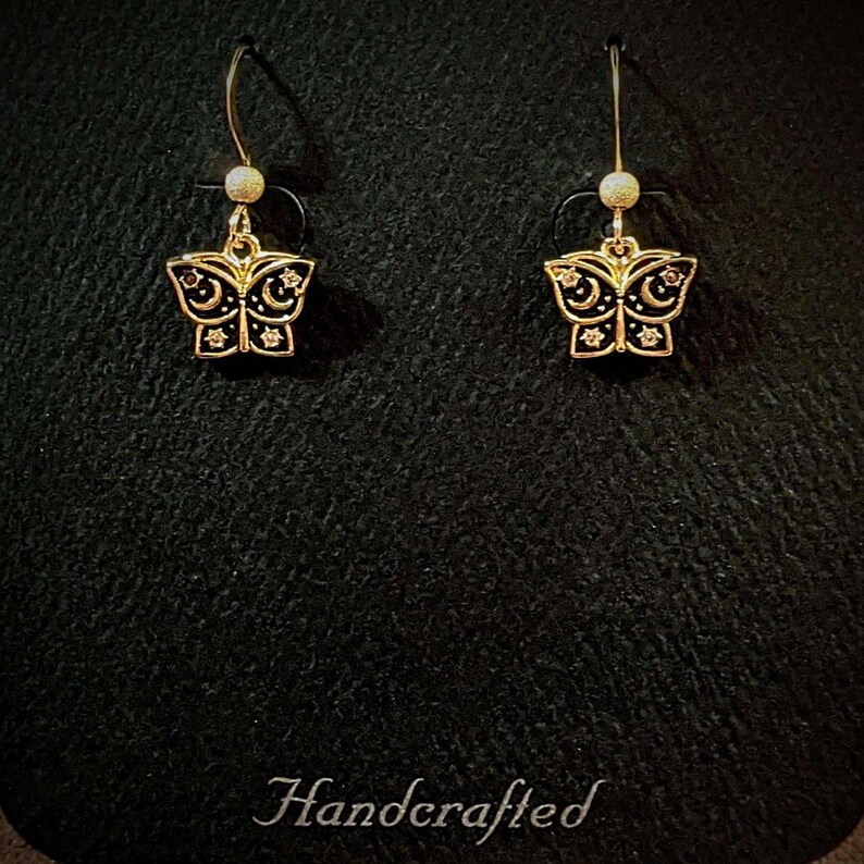 Celestial Butterfly Gold dangle earrings - - LadybugfeetDesigns -