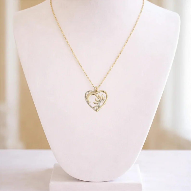 Sun Moon Heart necklace, Gold - 20 inch - - LadybugfeetDesigns -