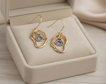 Crescent Moon Star dangle earrings, Two-Tone
