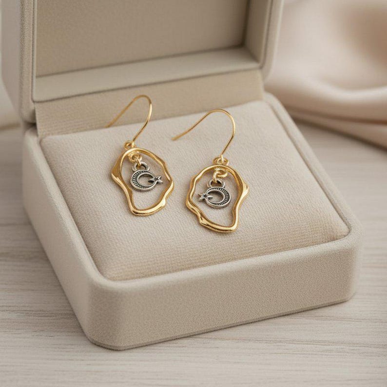 Crescent Moon Star dangle earrings, Two-Tone - - LadybugfeetDesigns -