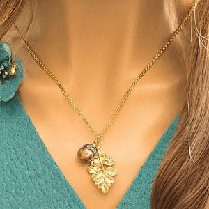 Acorn Oak Leaf Necklace, Gold - - LadybugfeetDesigns -