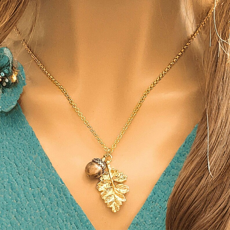 Acorn Oak Leaf Necklace, Gold - - LadybugfeetDesigns -