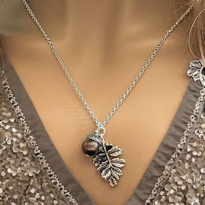 Acorn Oak Leaf Necklace, Silver - - LadybugfeetDesigns -