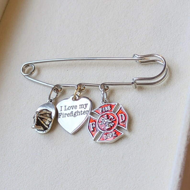 I Love My Firefighter Safety Pin Brooch, Purse Charm - - LadybugfeetDesigns -