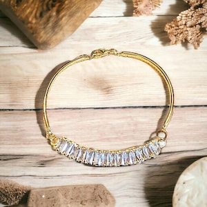 Gold CZ Baguette Bangle Bracelet, Large - - LadybugfeetDesigns -
