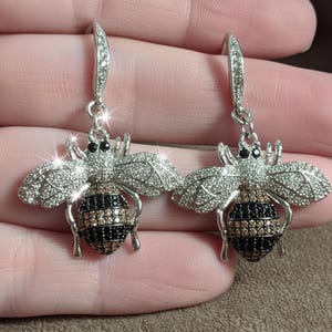 Rhinestone Honeybee Sterling Silver Earrings - - LadybugfeetDesigns -